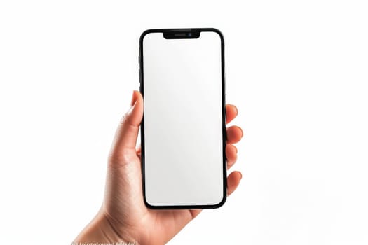 Hand holding IPHONE smartphone white blank screen mockup isolated on transparent background. . Generative AI..