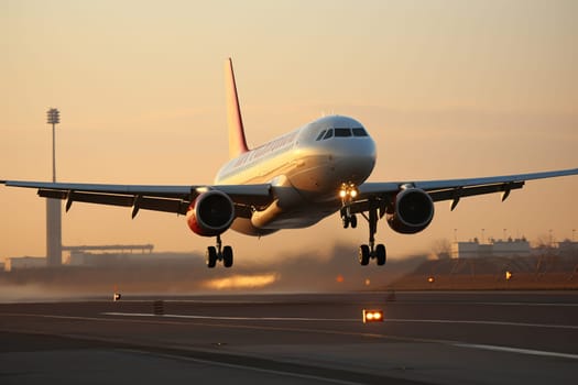 The plane takes off at sunset.