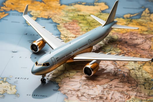 Air Transport. A model of a passenger plane stands on a world map on the table.