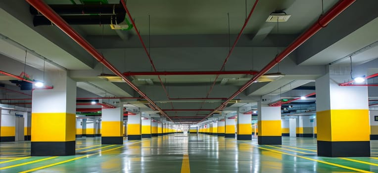 A underground parking lot showcases modern cars, and the scene is enhanced by yellow markings. AI generative.