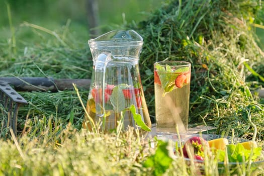 Summer refreshing natural homemade drinks, jug and glass of herbal tea with strawberries mint lemon on the grass, nature garden background, healthy lifestyle and food, golden hour