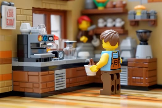 a Lego coffee shop which waiter making coffee. Ai Generative.