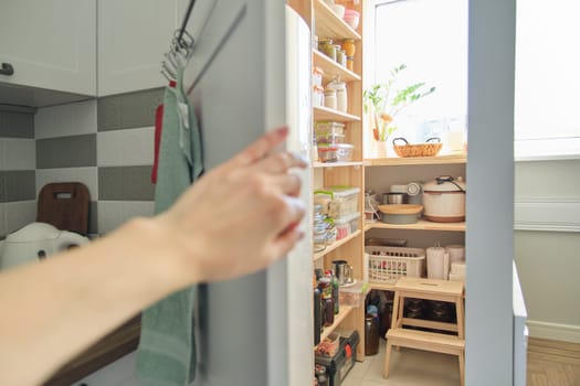 Pantry with food and utensils in kitchen, woman hand opening pantry door