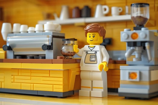 a Lego coffee shop which waiter making coffee. Ai Generative.