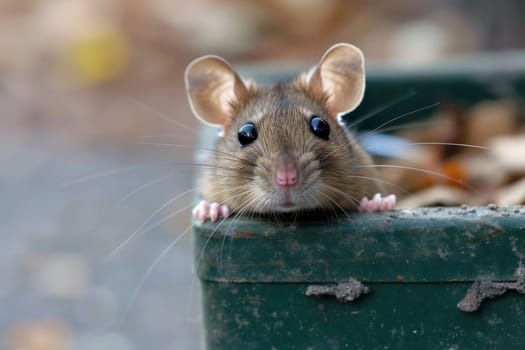 A rat peek out on a trash can in the city. Generative AI,.