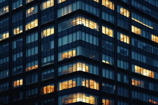 Modern Office with Night time Illumination and Shadows, business people working inside. AI generative.