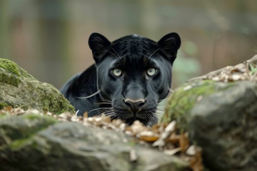 a black panther peek out the rock in forest. Ai generative.