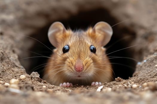 field mouse peeks out of an earthen hole. Generative AI.