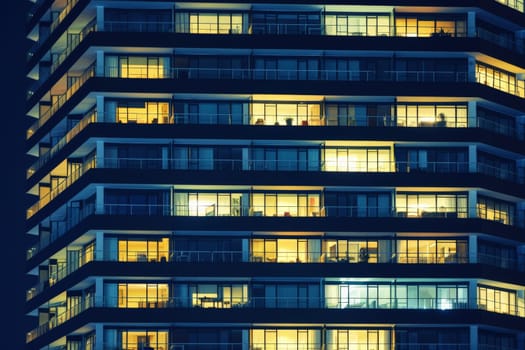 Modern Office with Night time Illumination and Shadows, business people working inside. AI generative.