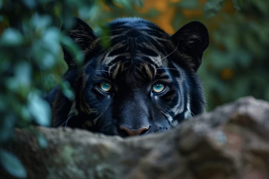A black tiger is peeking out from behind a rock. AI generative.