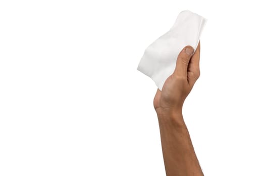 Black male hand holding a dust cleaning cloth isolated white background. High quality photo