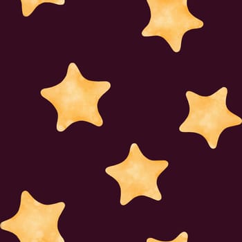 seamless watercolor pattern depicting a celestial night sky with bright yellow stars. Ideal for adorning children's rooms, textiles, baby apparel, notebooks, pens, stationery, strollers, and diapers