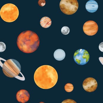 Seamless pattern The solar system. Mercury, Venus, Earth with its satellite, the Moon, Mars, Jupiter, Saturn, Uranus, Neptune, and the dwarf planet Pluto. For astronomy lessons. Watercolor illustration.