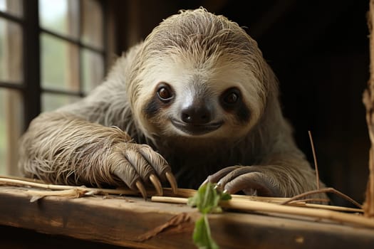 Cute sloth holding on to a tree and looking at the camera.