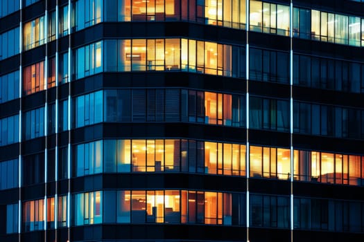 Modern Office with Night time Illumination and Shadows, business people working inside. AI generative.