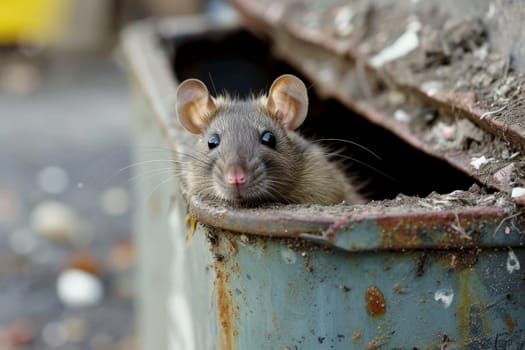 A rat peek out on a trash can in the city. Generative AI,.