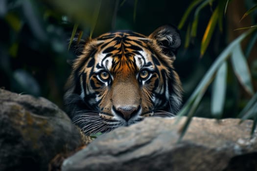 A tiger is peeking out from behind a rock. AI generative.