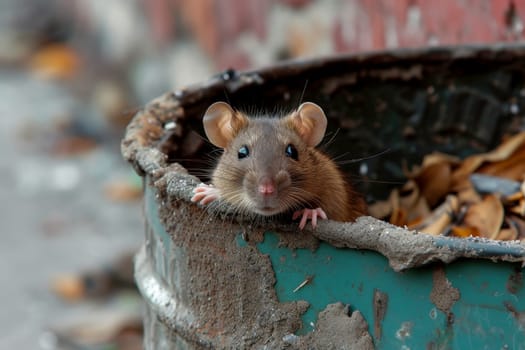 A rat peek out on a trash can in the city. Generative AI,.