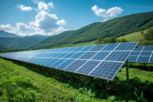 Solar energy panel photovoltaic cell and farm power generator in nature landscape, Generative AI.