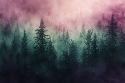 Mysterious midnight forest with a gradient of deep purple. AI generative.