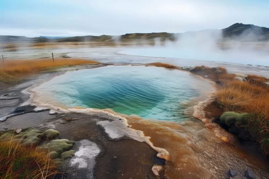 a hot thermal pool filled with hot spring water at an Icelandic geothermal spa for wellness for Young woman relaxing . Generative AI.