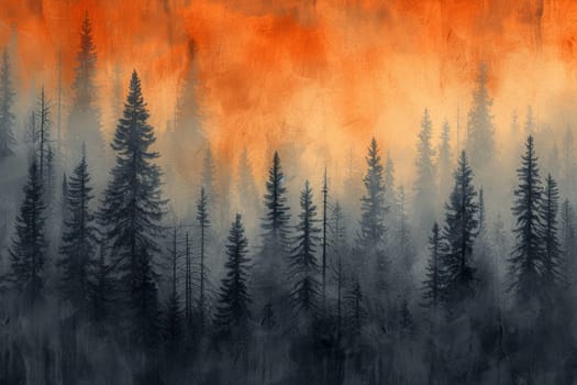 Mysterious midnight forest with a gradient of deep orange. AI generative.