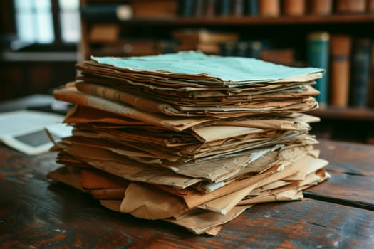 Pile of paper documents on a desk, made with generative AI.