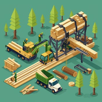 Project teamwork at sawmills. isometric illustration. High quality illustration