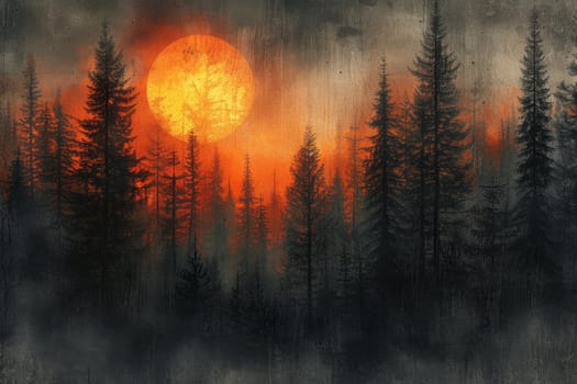 Mysterious midnight forest with a gradient of deep orange. AI generative.