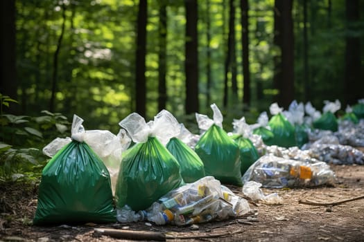 Garbage bags in the forest. Clean planet concept.