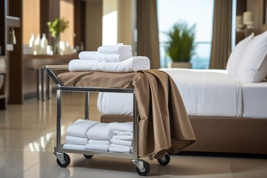 Hotel maid trolley, trolley with snow-white clean towels. Room cleaning concept.
