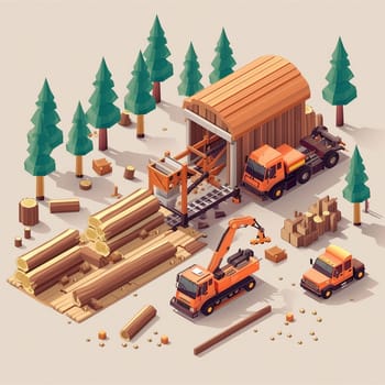 Project teamwork at sawmills. isometric illustration. High quality illustration