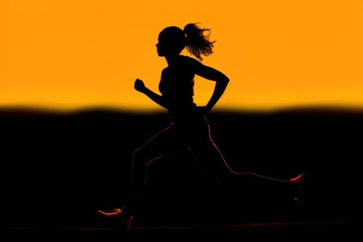 Silhouette of a woman running at sunset with the sun in the background.