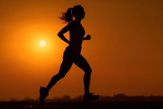 Silhouette of a woman running at sunset with the sun in the background.