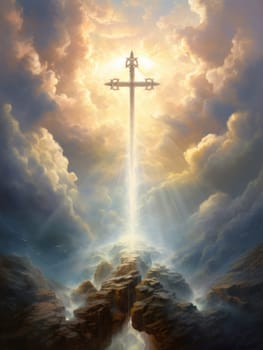 Cross in the clouds radiates the light of faith and hope. Sign of faith.