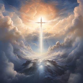 Cross in the clouds radiates the light of faith and hope. Sign of faith.