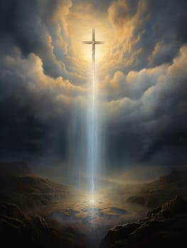 Cross in the clouds radiates the light of faith and hope. Sign of faith.