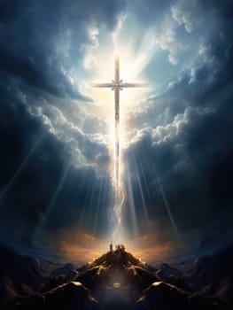 Cross in the clouds radiates the light of faith and hope. Sign of faith.