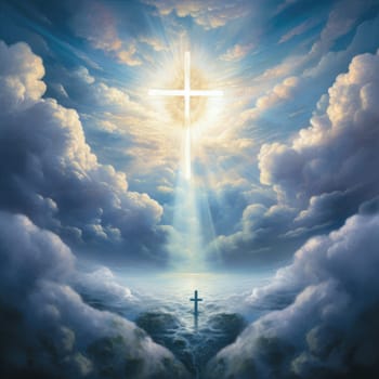 Cross in the clouds radiates the light of faith and hope. Sign of faith.