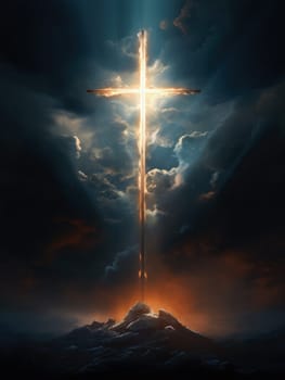 Cross in the clouds radiates the light of faith and hope. Sign of faith.