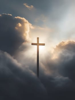 Cross in the clouds radiates the light of faith and hope. Sign of faith.