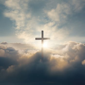 Cross in the clouds radiates the light of faith and hope. Sign of faith.