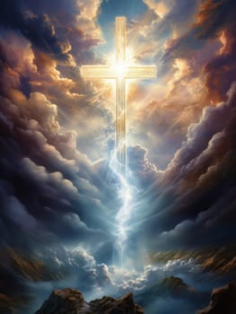 Cross in the clouds radiates the light of faith and hope. Sign of faith.