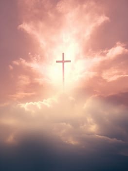 Cross in the clouds radiates the light of faith and hope. Sign of faith.