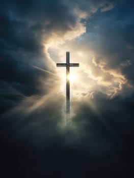 Cross in the clouds radiates the light of faith and hope. Sign of faith.