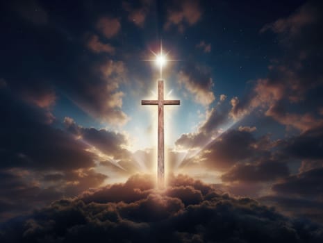 Cross in the clouds radiates the light of faith and hope. Sign of faith.