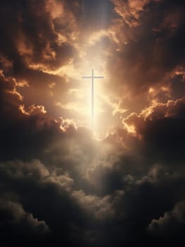 Cross in the clouds radiates the light of faith and hope. Sign of faith.