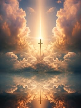 Cross in the clouds radiates the light of faith and hope. Sign of faith.