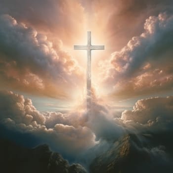 Cross in the clouds radiates the light of faith and hope. Sign of faith.