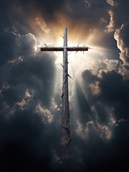 Cross in the clouds radiates the light of faith and hope. Sign of faith.